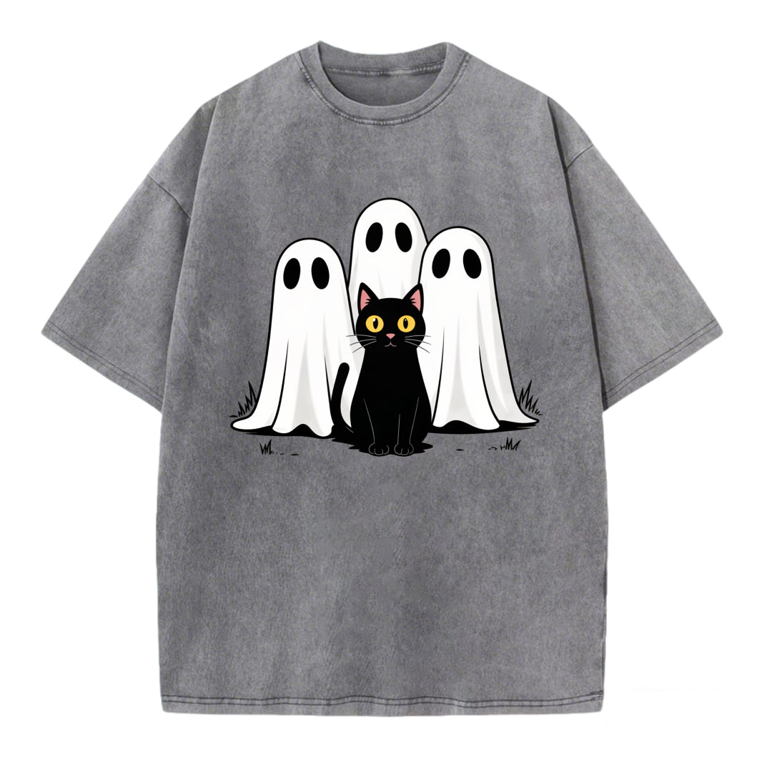 Funny Ghosts & Black Cat Print Vintage Washed T-shirt